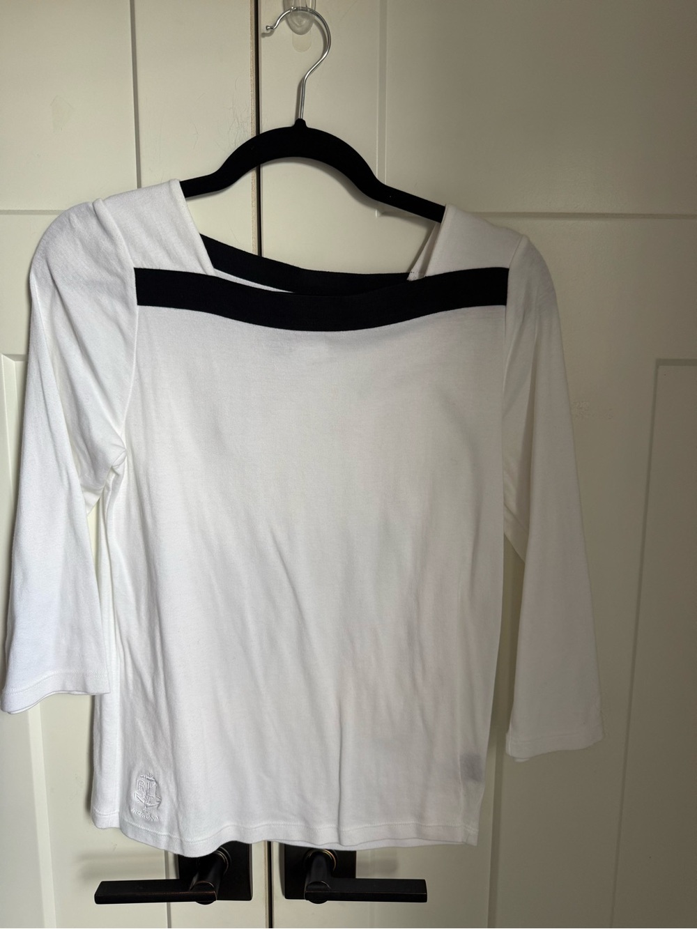 Lauren Ralph Lauren White Long-Sleeve Top with Black Neck Trim size M. Like new.